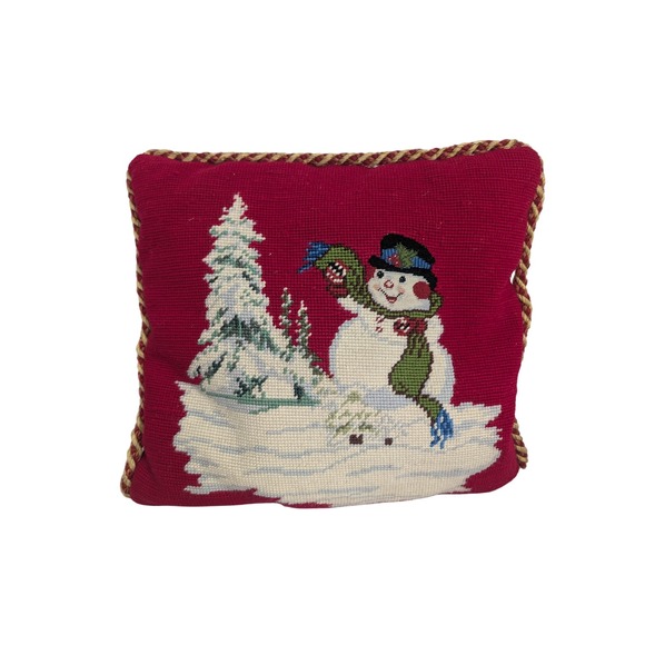 Christmas Needlepoint Pillow Snowman Tree Holiday Throw Pillow Accent Decor - Picture 1 of 2